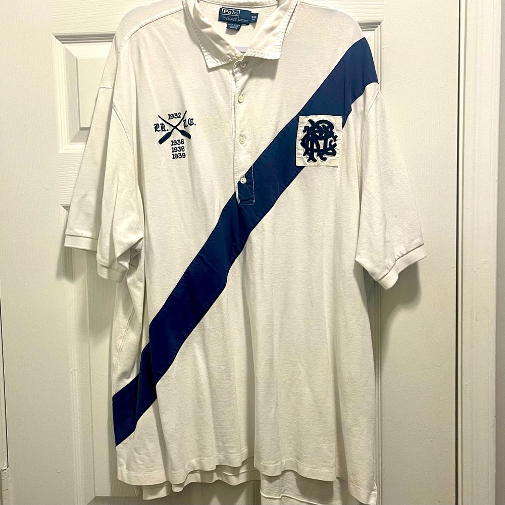 Polo By Ralph Lauren Size 4XL Mens Big Horse White & Navy Rugby Polo *SEE PHOTO*